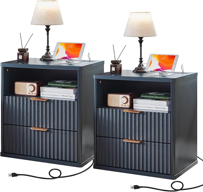 LEYAOYAO Fluted Farmhouse Nightstand Set of 2 with Charging Station, 23" Wide 2 Drawers End Table,Navy Blue Dresser for Bedroom,Bed Side Table Chest of Drawers Cabinet,Wood Night Stand for Living Room
