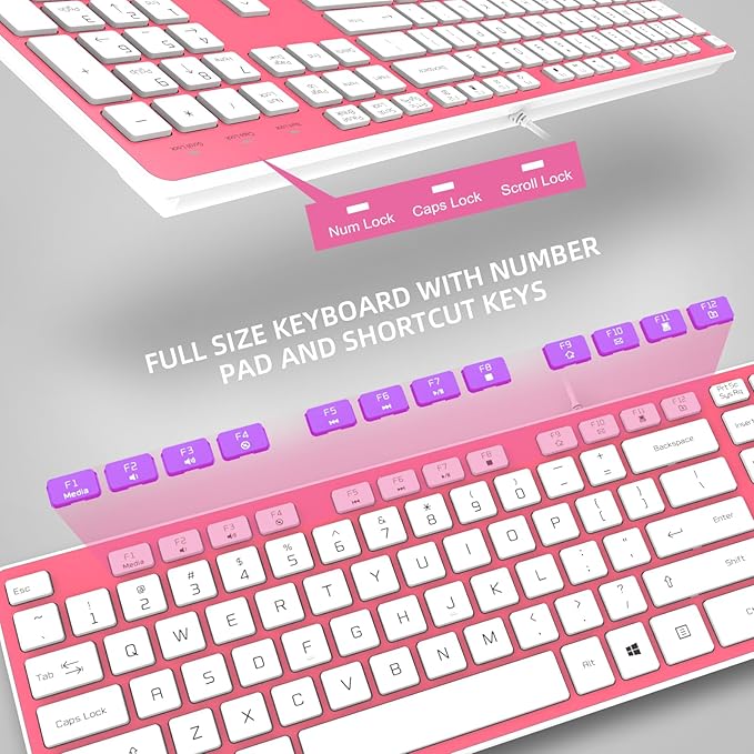 Wired USB Keyboard, Comfortable Quiet Chocolate Keys, Durable Ultra-Slim Wired Computer Keyboard(QWERTY) for PC, Windows 11/10/8/7/XP/Vista KB1430 - Pink
