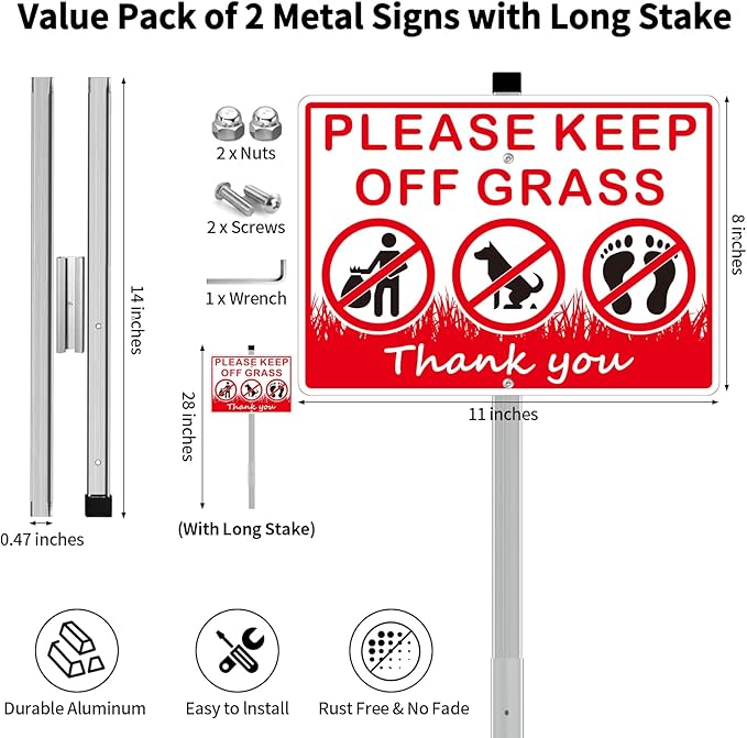 (2 Pack) Keep Off Grass Sign, Stay Off Grass Signs for Yard, 8x28 Heavy Duty Aluminum Keep Off Grass Signs - Weather Resistant and Easy to Install with Long Stake (Red)