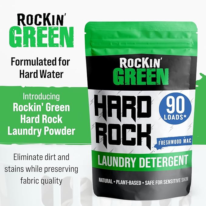 Rockin' Green Hard Rock Laundry Detergent for Hard Water (90 Loads), Plant based, Natural Laundry Detergent Powder, Biodegradable Odor Fighter, Safe for Sensitive Skin, 45 oz (Freshwood Mac)