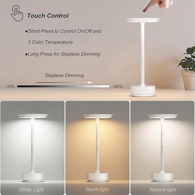 Rechargeable Table Lamps Cordless, Portable 5000mAh Outdoor Table Light, 3 Color Stepless Dimming LED Table Lamp with Memory Function, for Home/Dinner/Patio/Restaurant.(White)