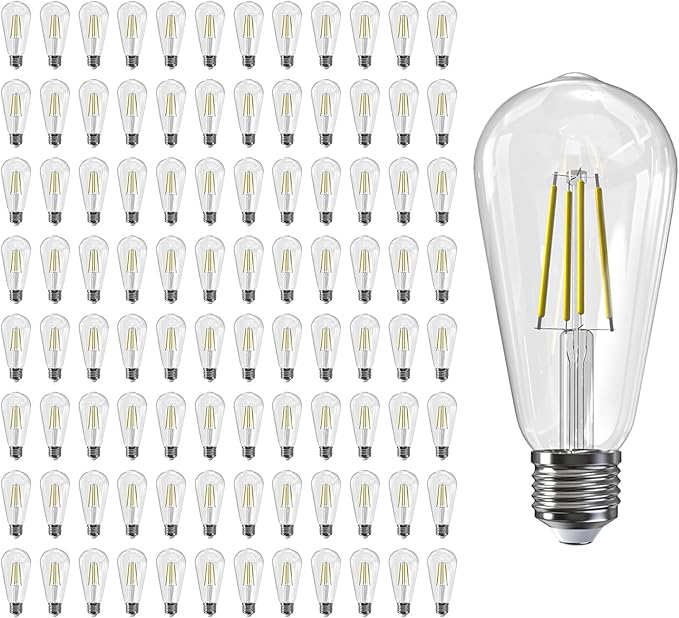 Jensense LED Edison Light Bulbs 8 Watt Dimmable 5000K Daylight White, E26 60 Watt Equivalent, Vintage Bulbs 800lm CRI 90 Clear Glass 96 Pack