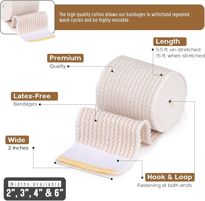 Premium Elastic Bandage Wrap (2” Wide, 25 Pack) - Nexskin Latex Free Athletic/Medical Compression Bandages Hook & Loop Fasteners at Both Ends - Lifetime Washable & Reusable Bandages