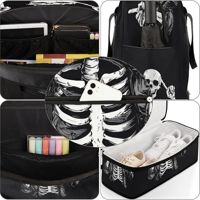 Sports Gym Bag, Human Skeleton Skull Halloween Travel Duffel Bag with Shoes Compartment Waterproof Overnight Bag Workout Weekender Bag Boys Girls Yoga Dance Bag Gym Tote Bag for Women Men