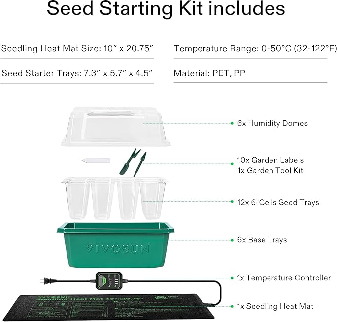 VIVOSUN 6-Pack Seed Starter Trays with 10"x20.75" Seedling Heat Mat, Self-Adjusting Dual Digital Display Temperature Controller, 72-Cell Seed Starter Kit with Humidity Dome, Reusable Propagation Trays