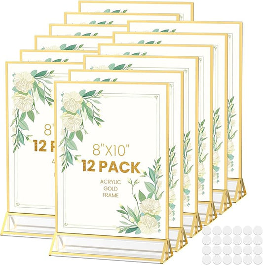 8X10 Acrylic Sign Holder Double-Sided Gold Picture Frames for Menu Holder Wedding Table Number Holder Christmas Photo Frames with Clear Sticky Dots -12 Pack