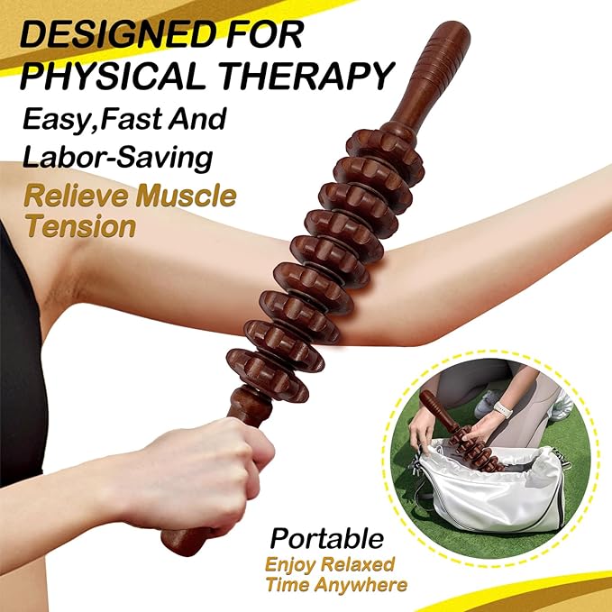 Manual Massager Wooden Handheld Roller Trigger Point Massage Stick for Fascia, Cellulite, Muscle & Abdomen, Body Therapy Massager, Muscle Belly Relief Tool, Coffee