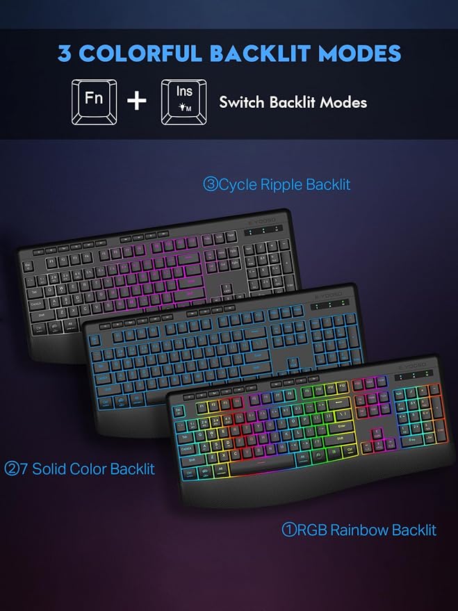 E-YOOSO RGB Wireless Keyboard, 3-Mode (2.4G/BT/USB), 9 Effects Backlits, Light Up Letters, Rechargeable Ergonomic Computer Silent Keyboard with Wrist Rest for Windows, Mac, PC, Laptop, Games