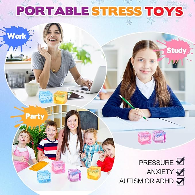 Ice Cube Fidget Toy for All Ages: 4 Pcs Sensory Squishy Fidget Toys, Square Stress Balls, Classroom Prizes, Anxiety Relief Stress Cube Gift for Kids Teens Adults