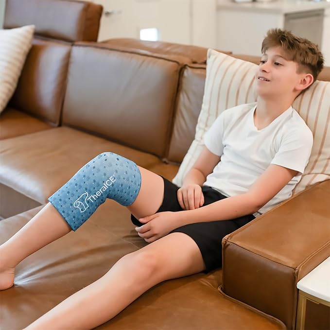 TheraICE Junior Knee Ice Pack Wrap Compression Sleeve for Injuries, Reusable Gel Cold Packs Brace Also for Ankle & Calf - Flexible Cold Wrap Recovery for Meniscus, ACL, MCL Pain Relief (X-Small)