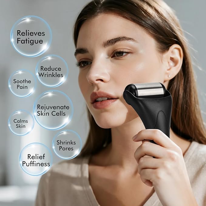 Stainless Steel Ice Roller for Face & Eye, Puffiness Migraine Pain Relief, Face Massager Jade Face Roller Skin Care Tools Self Care Gift Manual for Men Women