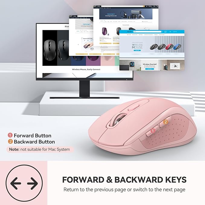 TECKNET Bluetooth Mouse, 4000DPI Wireless Mice for Laptop 2-in-1(BT 5.0/3.0+2.4Ghz) Computer Portable PC Mouse Wireless with USB Receiver for Mac (USB-A/C+Bluetooth, Pink)
