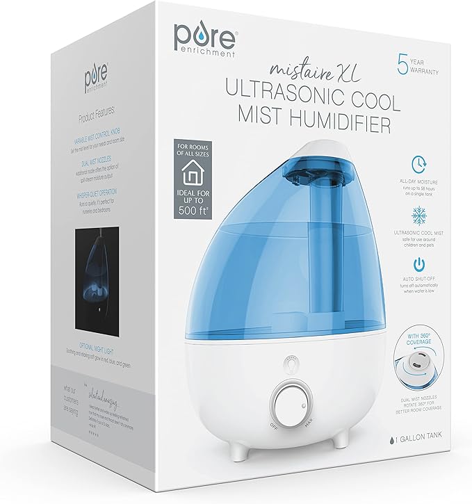 Pure Enrichment MistAire XL Ultrasonic Cool Mist Humidifier - All Day Operation for Large Rooms, 1 Gallon Tank, Variable Mist Control, Automatic Shut-Off, Whisper Quiet, and Optional Night Light