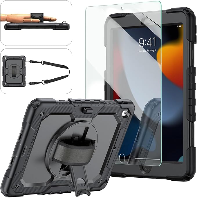 iPad 9th/8th/7th Generation Case, iPad 10.2 Case 2021/2020/2019, [Kid Proof] ambison Full Body Protective Case with 9H Tempered Glass Screen Protector, 360° Rotatable Kickstand & Hand Strap (Black)