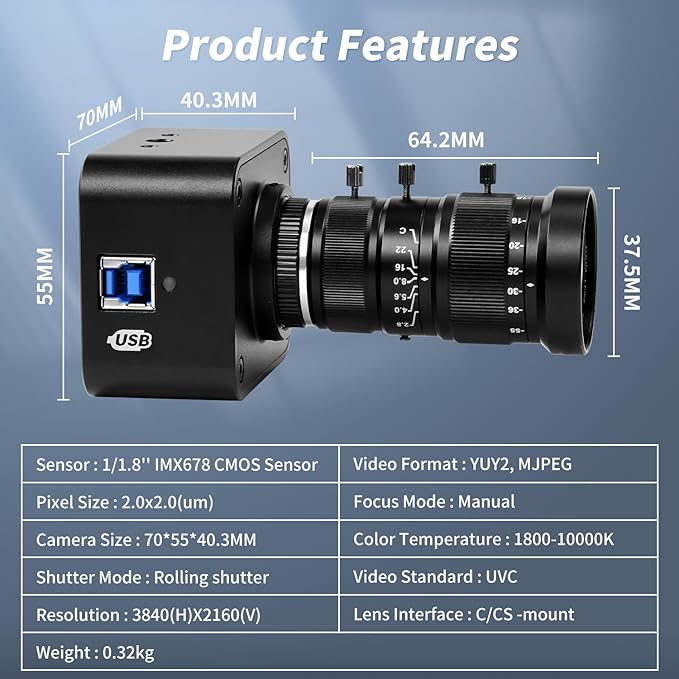 MOKOSE USB Camera 4K, USB3.0 Manual Focus Webcam with C-Mount 10-55mm Telephoto Zoom Lens, IMX678 1/1.8" 8MP Sensor Support YUY2,Web Camera for Desktop Computer Laptop