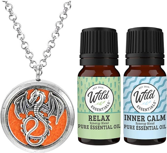 Wild Essentials Mother of Dragons Essential Oil Diffuser Necklace Gift Set with Inner Calm & Relax Oils, Nickel Free Alloy Pendant with 12 Color Pads – USA Made Oils & Perfume Necklace, Family Company