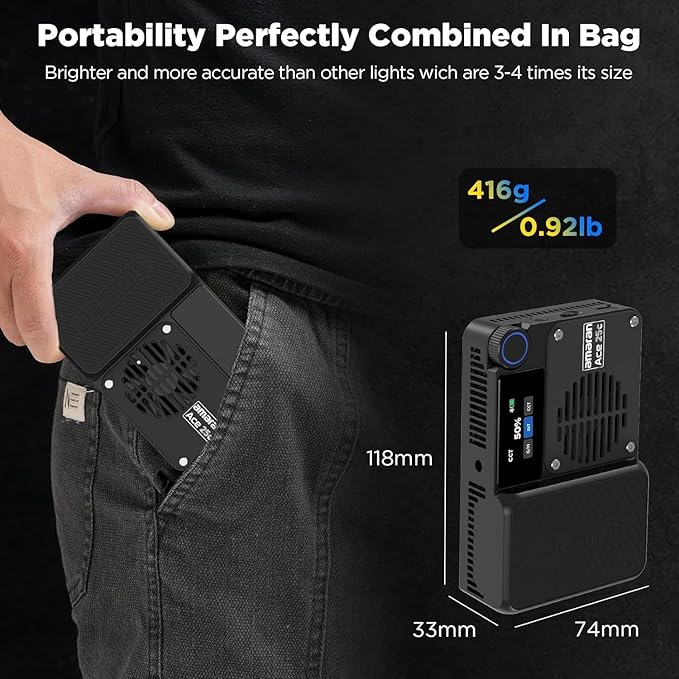 Amaran Ace 25c RGB Video Light,25W On Camera Pocket Video Light CCT 2300k-10000k, 5,908 lux @ 0.5m Illumination,with Rechargeable Battery and PD Charging (Charcoal)