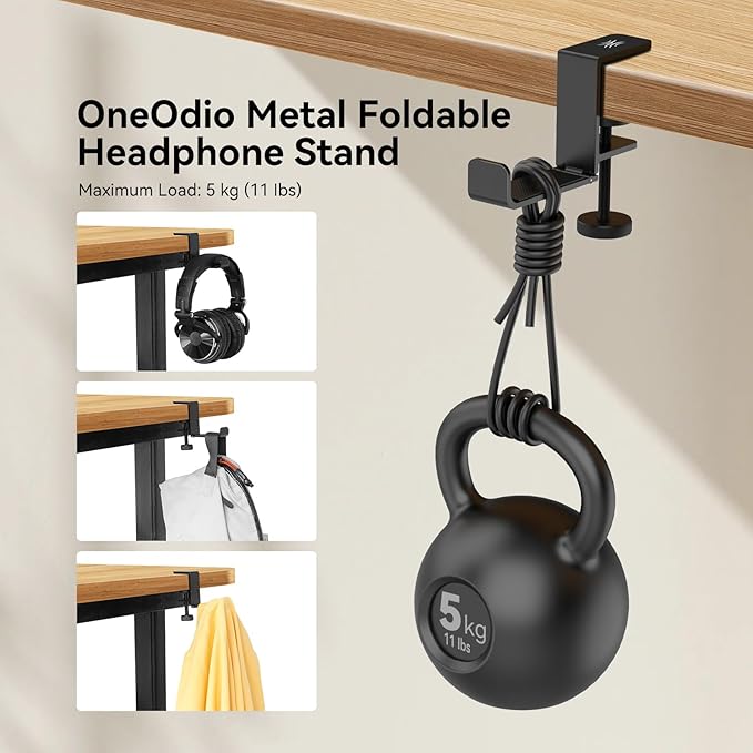 OneOdio MTL99 Foldable Headphone Stand, Metal Headset Holder Space-Saving Table Hook, Clamp-on Under Desk Hanger, Universal Fit Gaming Headphones Mount, Black