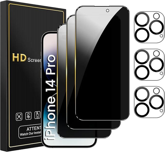 3 Pack Privacy Screen Protector for iPhone 14 Pro 6.1 Inch with 3 Pack Camera Lens Protector, Anti Spy Tempered Glass Film, Anti-Scratch, Touch Sensitive, Case Friendly
