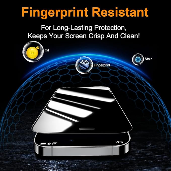 OneFish 2 Pack Privacy Screen Protector for iPhone 15Plus/16Plus - 4-Way 360° Anti-Spy Tempered Glass, 9H Hardness, 3D Curved Edges, Case-Friendly & Easy Installation