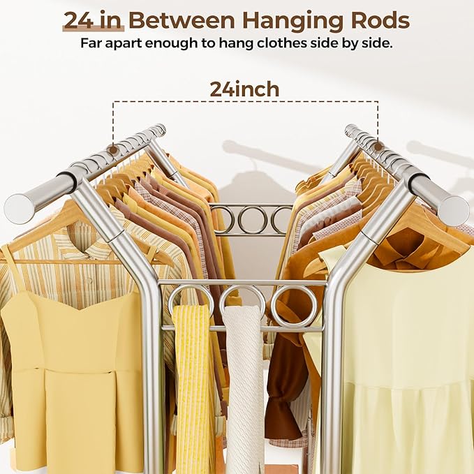 Heavy Duty Clothes Rack, Rolling Clothing Rack With Shelves Load 620 LBS, Double Rod Clothing Racks for Hanging Clothes, Portable& Adjustable Clothes Rack with Wheels Garment Rack