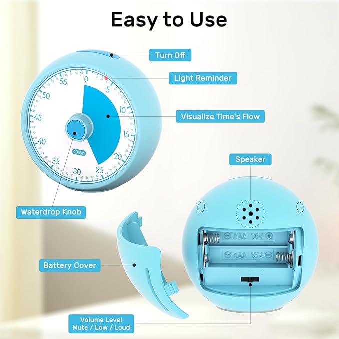 Visual Timer 60-Minute, Kids Timer for Homeschool Desk, Time Management Tools with Silent Operation, Timer for Kitchen Office Classroom (Blue)