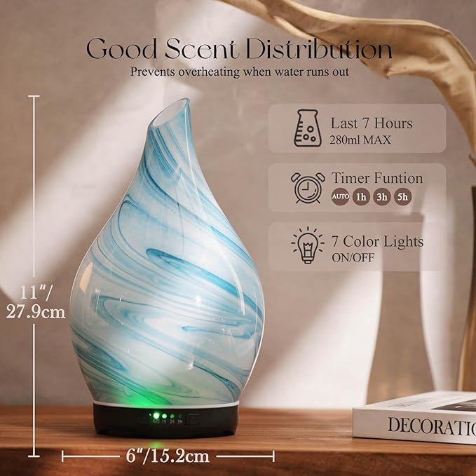 Porseme 280ml Essential Oil Diffuser Glass Color Changing Aroma Air Diffusers Aromatherapy Ultrasonic Cool Mist Humidifier 7 Running Hours Waterless Auto-Off for Sleeping, Yoga, Office, Spa (Blue Ink)