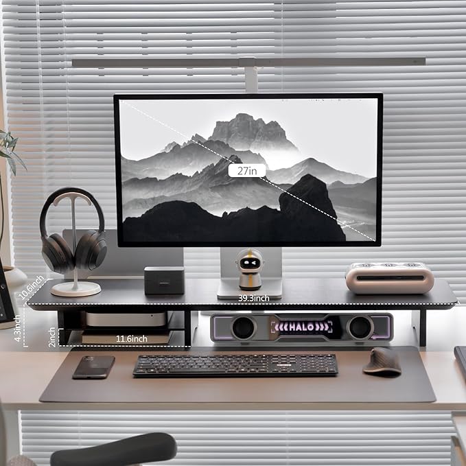 Bamboo Dual Monitor Stand Riser Black, 2-Tier Desk Monitor Riser for 2 Monitors, Supports for PC Computer Monitor, Printer, Heavy TV Riser up to 300 lbs