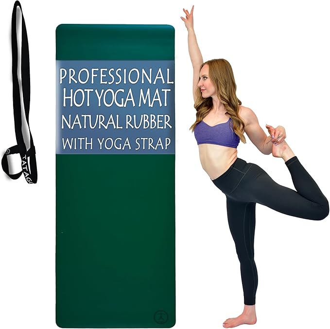 Tatago Hot Yoga Mat Non Slip-Professional Grade Natural Rubber Yoga Mat, Pliates Mat, Stretching Mat or exercise mats for home workout. Nonslip for Hot and Sweaty Classes. Includes Yoga Strap for Carrying and Stretching too.