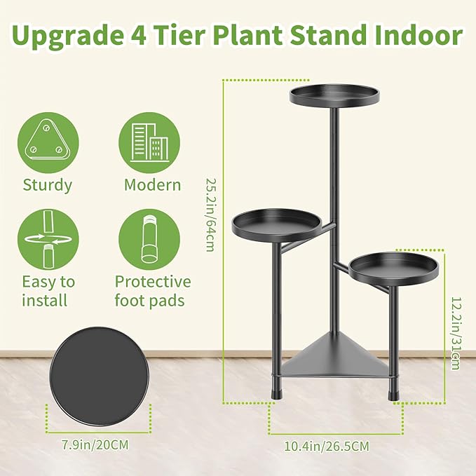 4 Tier Plant Stand Indoor Flower Shelf, Metal Flower Pot Stands for Indoor Plants, Black Corner Tall Plant Display Holder for Patio Garden Living Room Balcony Bedroom