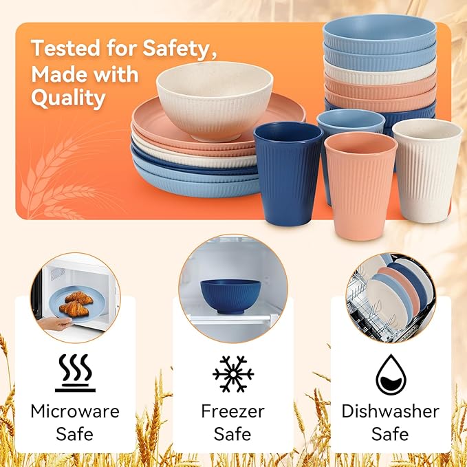 Wheat Straw Dinnerware Sets,64-Piece Plates and Bowls Sets for 8-Unbreakable,Reusable Plastic Dish Set-Dinner Plate/Dessert Plate/Bowl/Cup/Utensils-Microwavable Dishwasher Safe 64P-Coral Orange