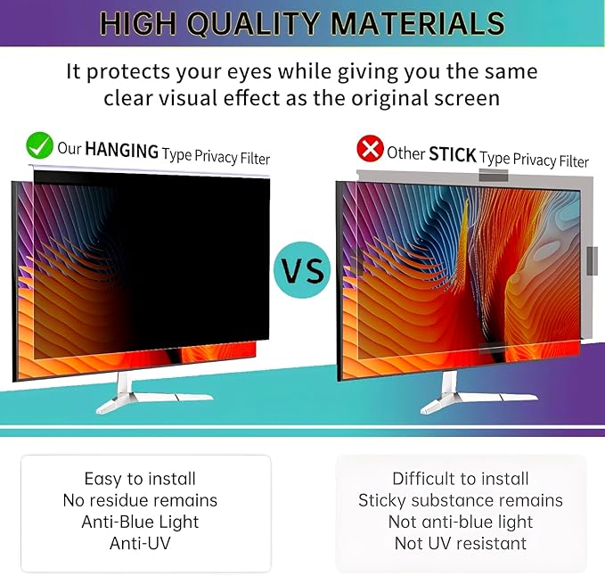 [1 Pack] 27 Inch Computer Privacy Screen Filter for 16:9 Monitor, Anti-Blue Light, Anti-UV Blue Light Blocking Removable Privacy Protector Shield, Hanging Type