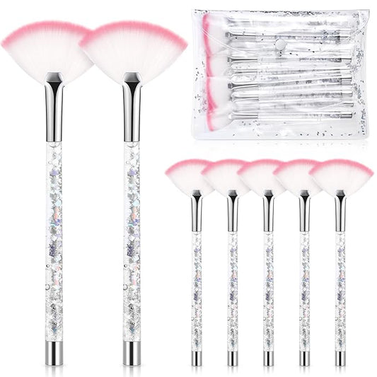 12 Pcs Fan Brushes for Facial Mask Brushes with Glitter Quicksand Handle Cosmetic Facial Fan Brushes Soft Facial Mask Brush Applicator Facial Peel Applicator Face Mask Tools with Pouch (Silver)