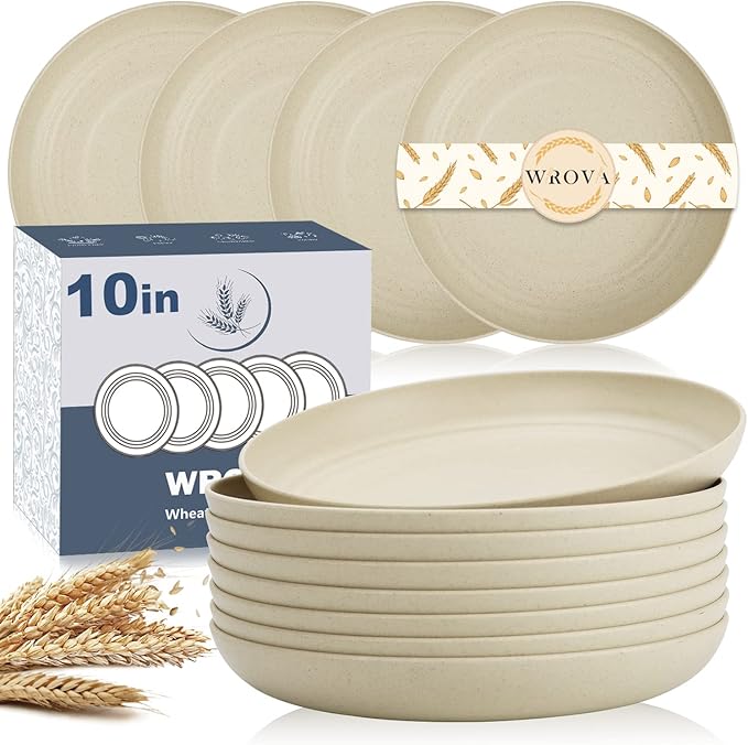 Wheat Straw Dinner Plates Set of 8 - 10 Inch Unbreakable, Dishwasher & Microwave Safe, Lightweight for Kitchen, R.V. (Beige)