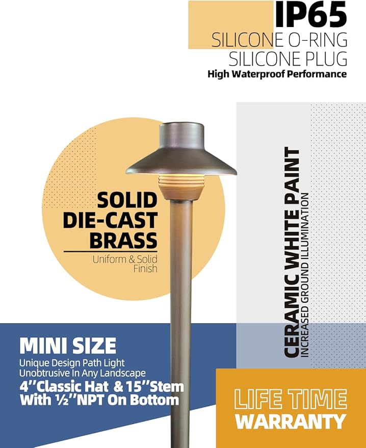 MALORY Low Voltage Outdoor Lights,(18.6'' H) Brass Landscape Path Light,Outdoor Walkway Lighting with 2W 2700K LED G4 Bulb for Pathway Driveway Patio Yard & Lawn(P05 Mini Shade,4-Pack)