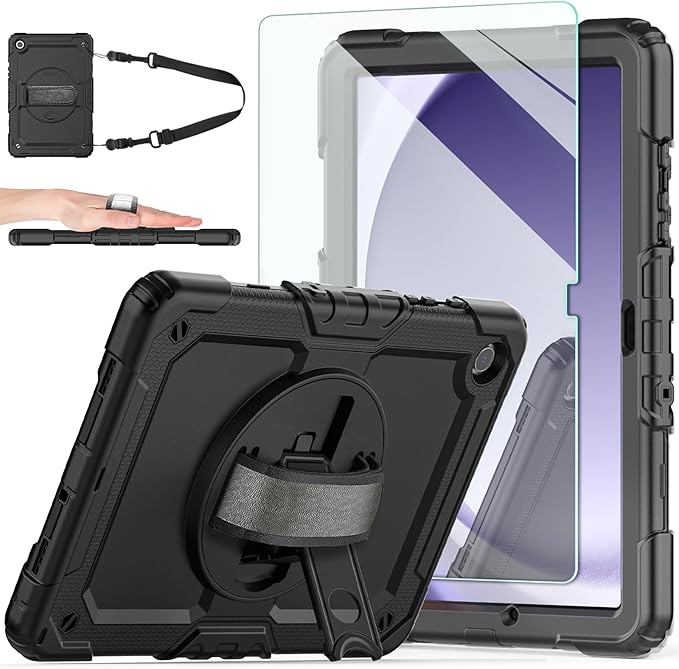 Ambison Case for Samsung Galaxy Tab A9+ Plus 11'' 2023, [Kids Proof] Full Body Protective Case with 9H Tempered Glass Screen Protector, 360° Rotatable Kickstand & Hand Strap (Black)
