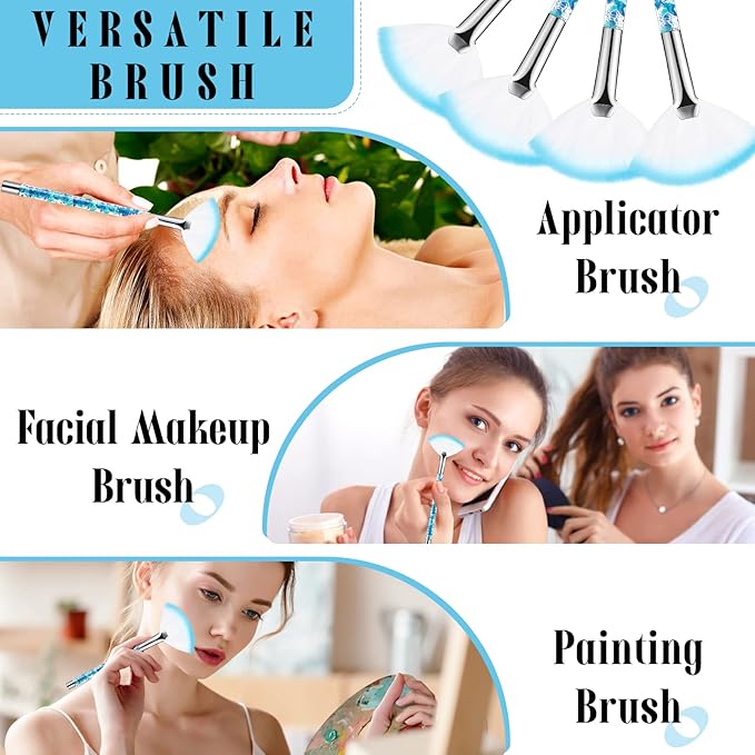 12 Pcs Fan Brushes for Facial Mask Brushes with Glitter Quicksand Handle Cosmetic Facial Fan Brush Soft Facial Mask Brush Applicator Facial Peel Applicator Face Mask Tools with Pouch (Blue)
