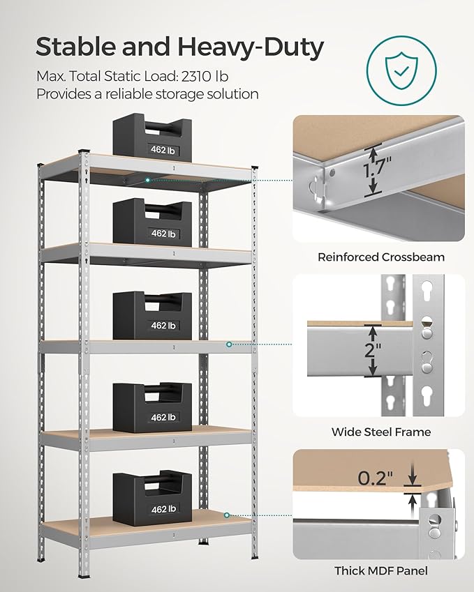 SONGMICS 5-Tier Storage Shelves, Load 2310 lb, Set of 2 Garage Storage, Boltless Assembly, Adjustable Shelving Unit, 17.7 x 35.4 x 70.9 Inches, for Study Shed Basement, Silver UGLR450E02