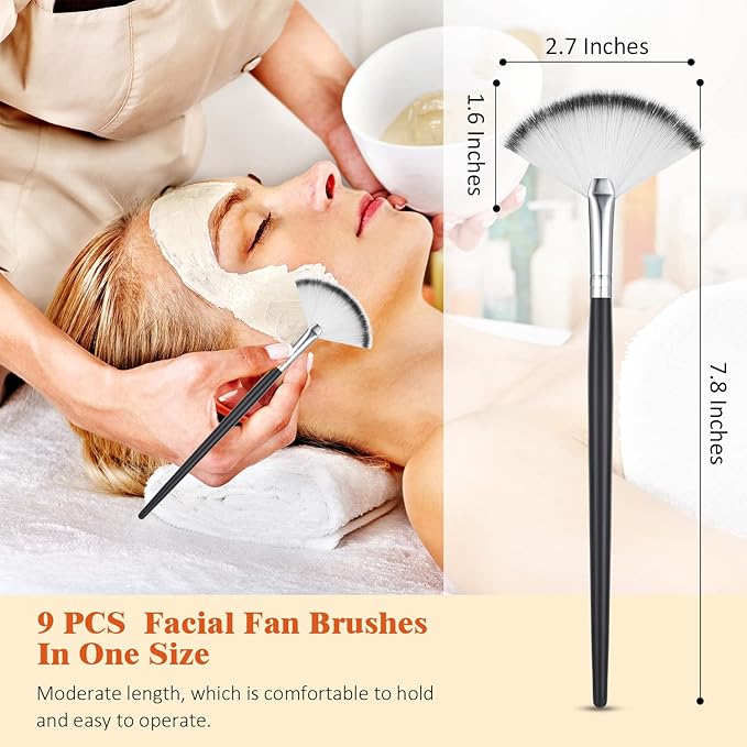9 Pieces Facial Fan Mask Brushes, Soft Facial Applicator Brushes Tools for Peel Glycolic Makeup for Mud Cream(Champagne, Purple, Black)
