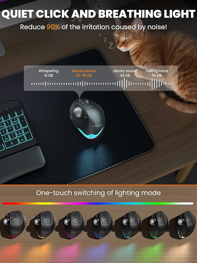 SABLUTE Wireless Trackball Mouse, Ergonomic Bluetooth Rechargeable Computer Mouse, Backlit Rollerball Thumb Laptop mice with 5 Level DPI, Adjustable Angle, 3 Devices Connection for PC, Mac, Windows