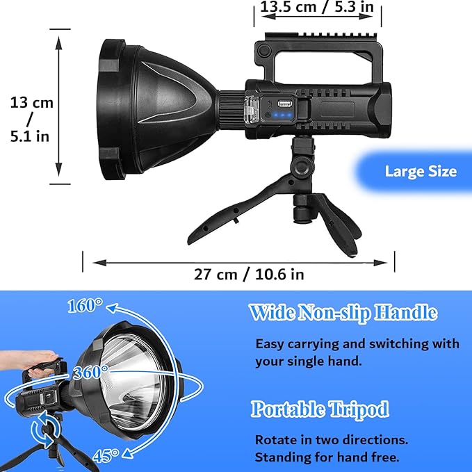 Rechargeable Spotlight, 2,000,000L High Lumens Led Spot Lights Outdoor Handheld Super Bright Long Range Powerful Flashlight with 4 Modes, Tripod, USB C, IPX5 Waterproof for Fishing Boating Camping