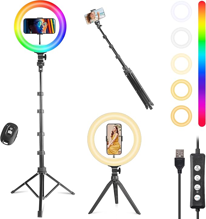 UEGOGO 10'' Ring Light with 72'' Tripod Stand & Phone Holder，38 Color Modes Dimmable LED Ringlight for Live Stream, YouTube,Makeup,TikTok