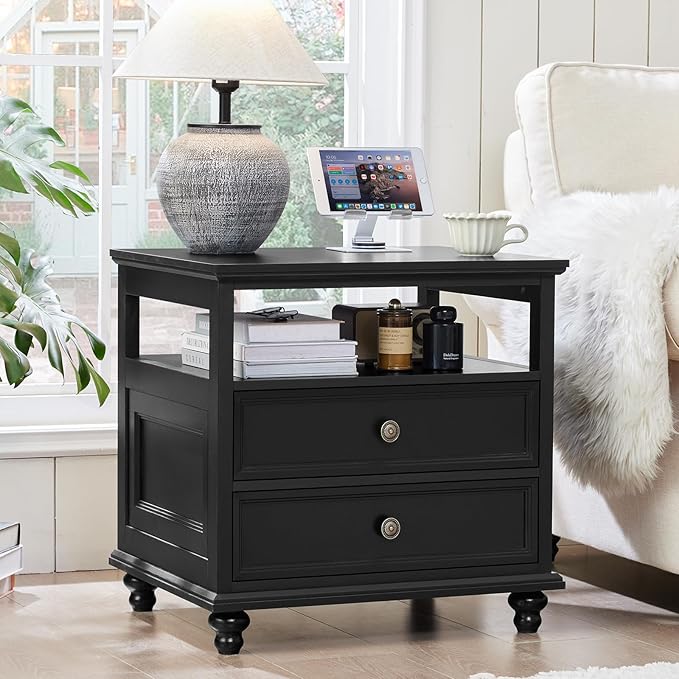 24" Wide Farmhouse Night Stand Set of 2,Large End Table with 2 Drawers & Metal Handle,Black Wood Dresser for Bedroom, Bed Side Table Chest of Drawers Cabinet, Nightstand for Living Room,Closet