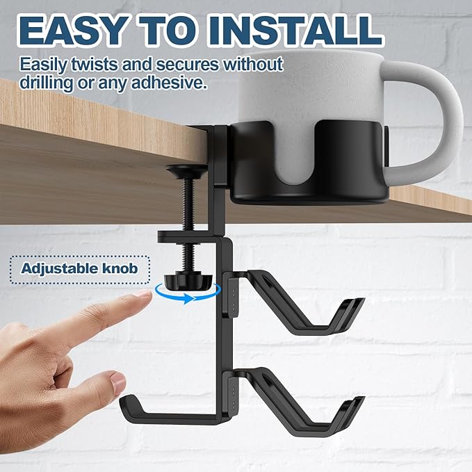 4 in 1 Desk Cup Holder with Headphone Hanger and Controller Stand Gaming Accessories, Universal Adjustable & Rotating Upgraded Arm Clamp for Coffee Mugs, Water Bottles, Headphones, Controller.