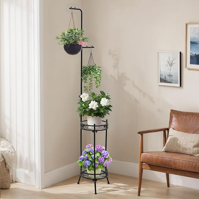 Adjustable Metal 4 Potted Flower Pot Plant Stands - 2 Tier 72 inch Tall Indoor Outdoor Heavy Duty Plant Shelf with Hangers - Perfect for Living Room Corner and Patio (Black)