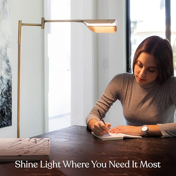 Brightech Leaf Pharmacy LED Reading Lamp, Dimmable Floor Lamp with Easy Rotation over Chair or Desk for Living Rooms & Offices, Adjustable Standing Tall Lamp, For Sewing & Crafts, Antique Brass (Gold)