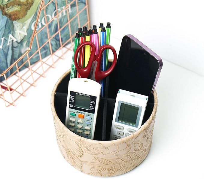 Hennaja Round Leather Art Supply Organizer,Remote Control Holder,360 Degree Spinning,Multi-Functional Pencil Holder,4 Compartments Desktop Stationary Organizer(1-Carved Light Brown)