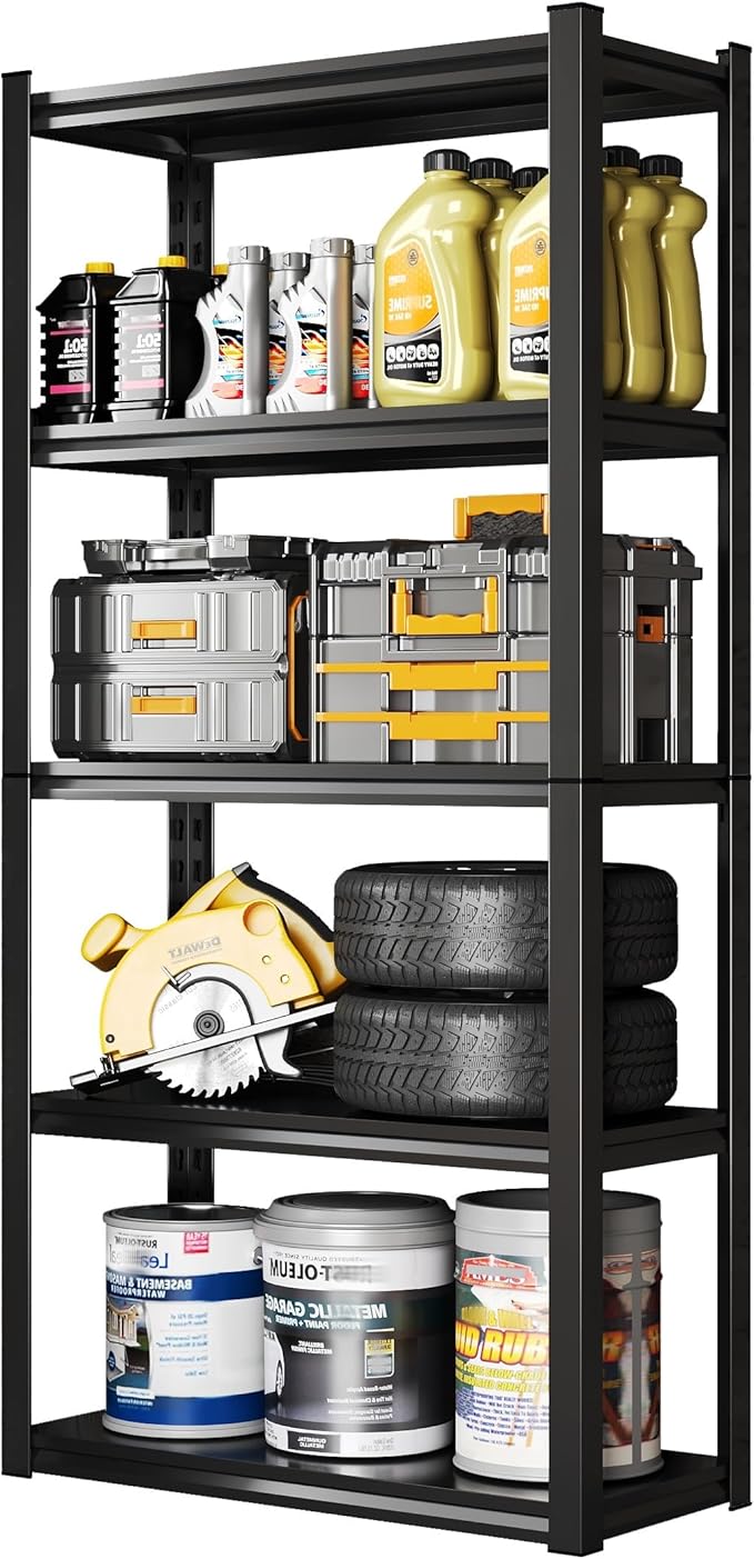 63" H/15.7” W Garage Shelving, Heavy Duty 5 Tire Adjustable Storage Unit, 3000LBS Metal Garage Shelves, Easy Assembly Shelf for Industrial, Warehouse, Basement (H63'' W15.7'' D23.6'')