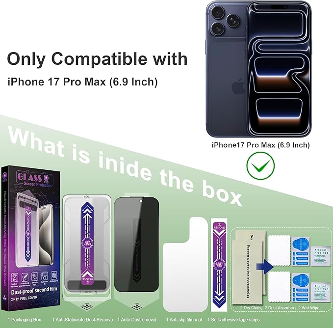 Privacy Screen Protector for iPhone 17 Pro Max 6.9-Inch, Auto Dust Removal, 9H Tempered Glass, Full Cover, Anti-Fingerprint, Easy Installation,2 Pack