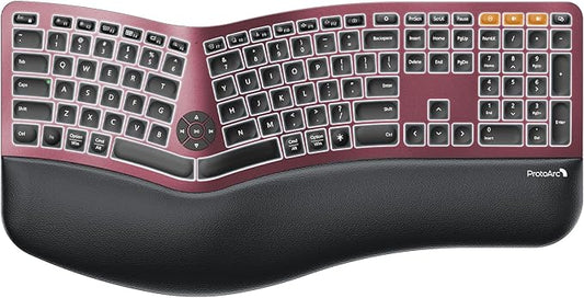 ProtoArc Backlit Bluetooth Ergonomic Keyboard, EK01 Plus Full Size Wireless Split Keyboard with Dual Bluetooth and USB, Cushioned Wrist Rest, Rechargeable, Compatible with Windows/Mac, Wine Red